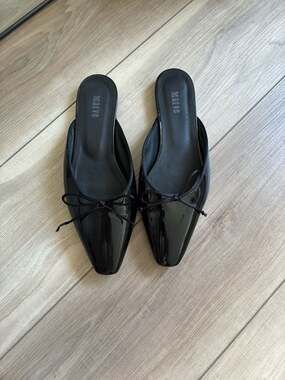 Maeve Black Patent Square Toe Bow Detail Mules